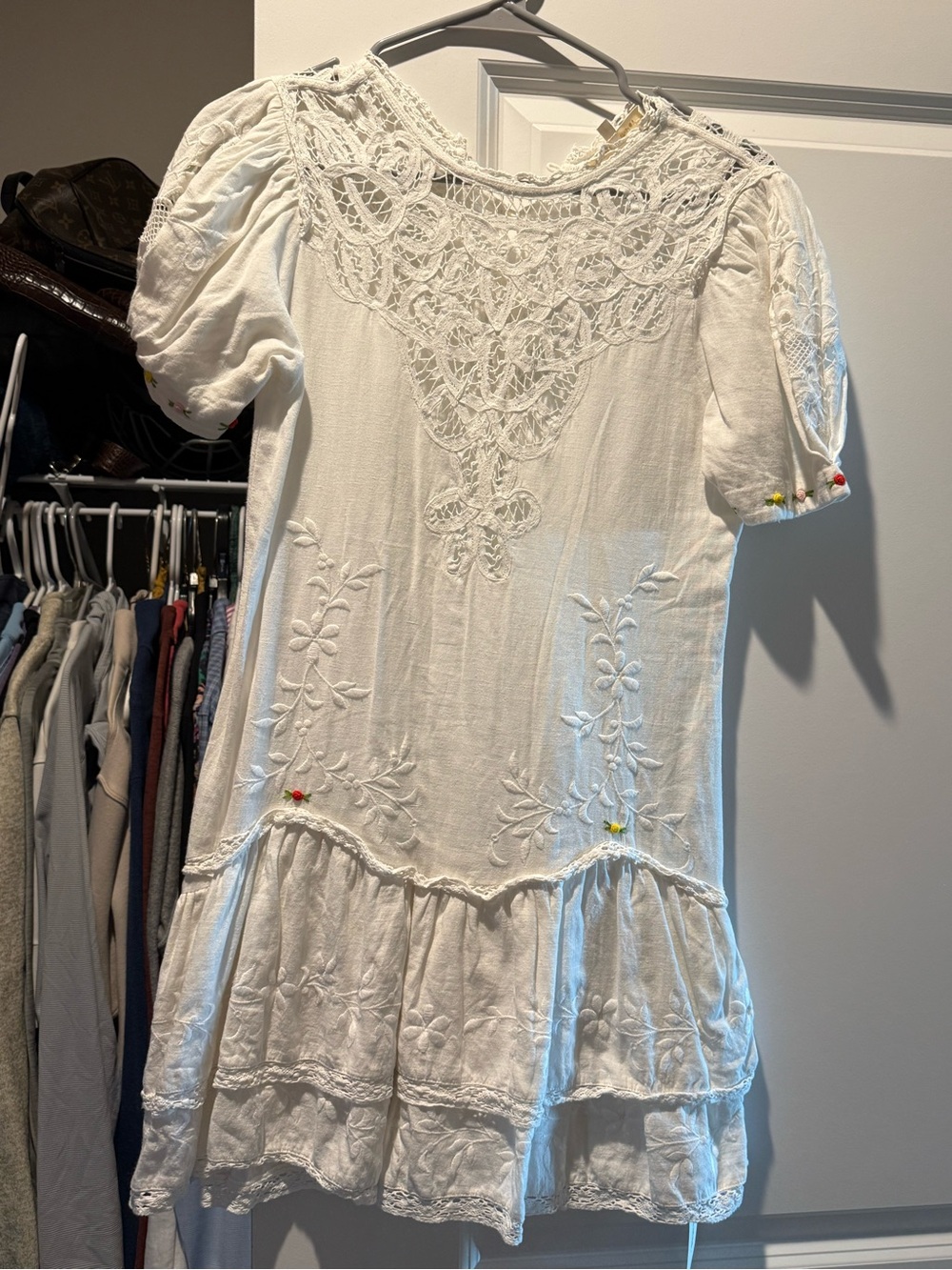 LoveShackFancy White Embroidered Mini Dress with Crochet Yoke
